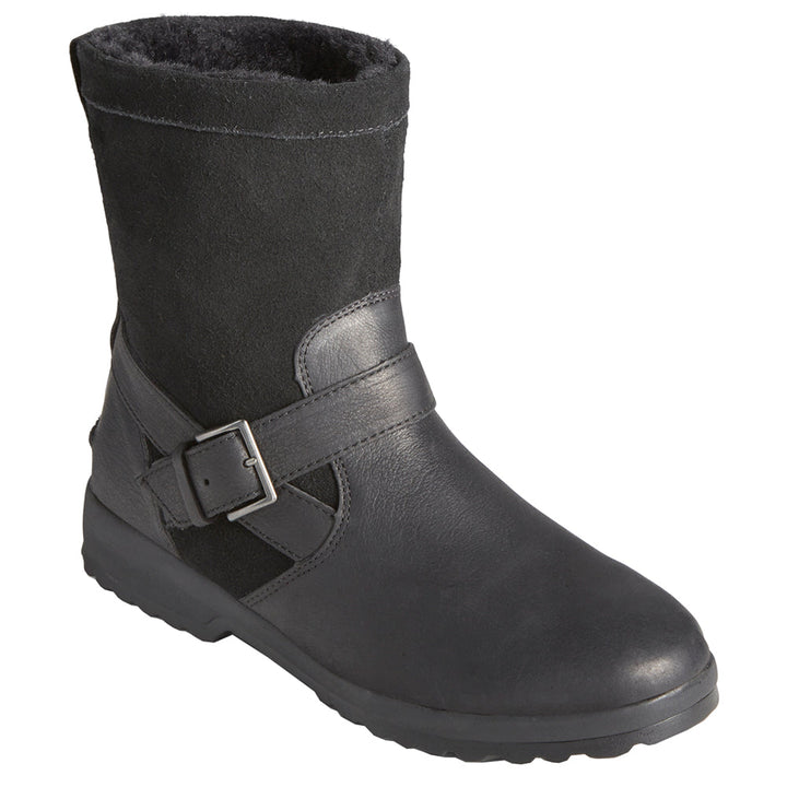 Black pull-on biker boots with buckle strap, rounded toe and ridged sole
