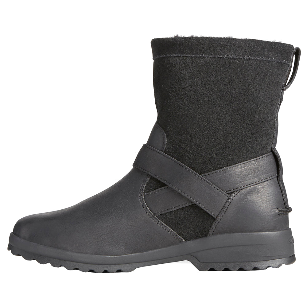 Black pull-on biker boots with buckle strap, rounded toe and ridged sole