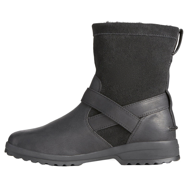 Black pull-on biker boots with buckle strap, rounded toe and ridged sole