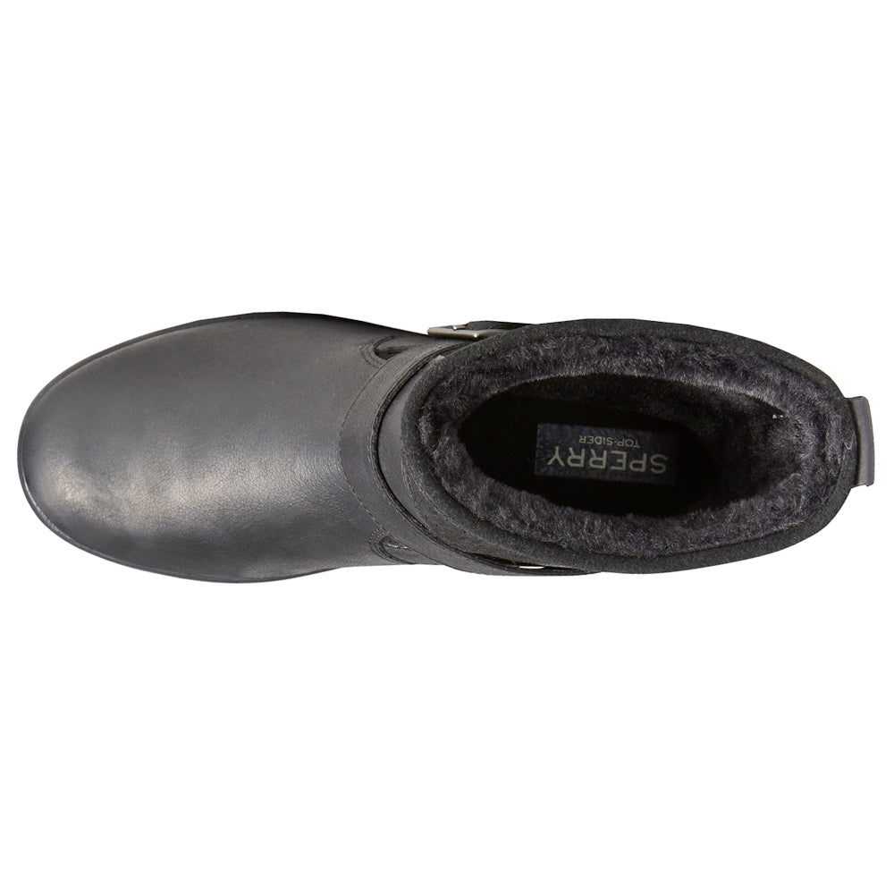 Black pull-on biker boots with buckle strap, rounded toe and ridged sole