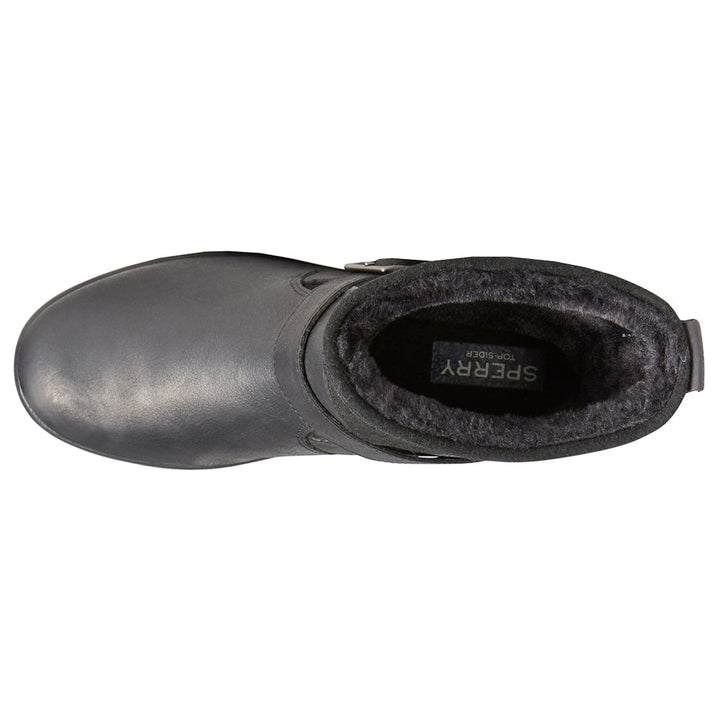 Black pull-on biker boots with buckle strap, rounded toe and ridged sole