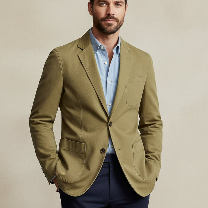 Men's blazer-style jacket with notched lapels and patch pockets