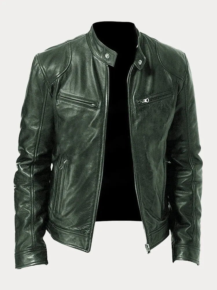 Men's leather jacket with stand collar and multiple zip pockets