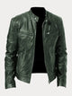 Men's leather jacket with stand collar and multiple zip pockets