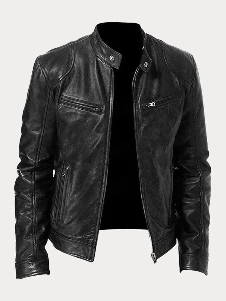 Men's leather jacket with stand collar and multiple zip pockets