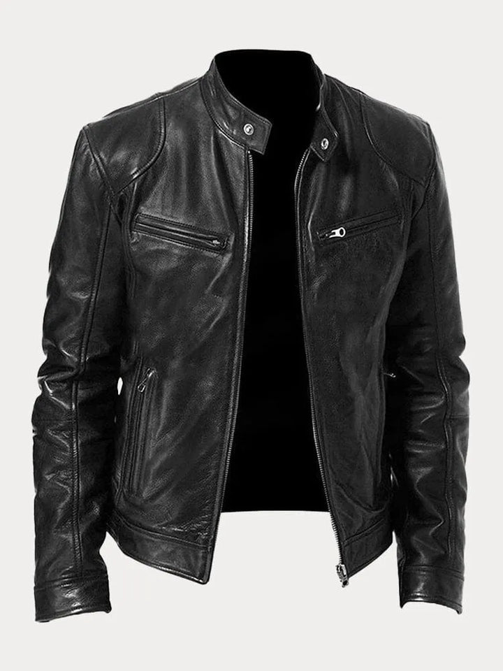Men's leather jacket with stand collar and multiple zip pockets