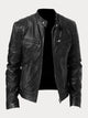 Men's leather jacket with stand collar and multiple zip pockets