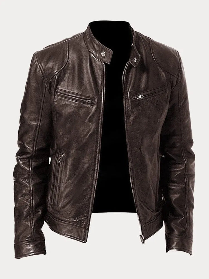 Men's leather jacket with stand collar and multiple zip pockets