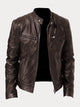 Men's leather jacket with stand collar and multiple zip pockets