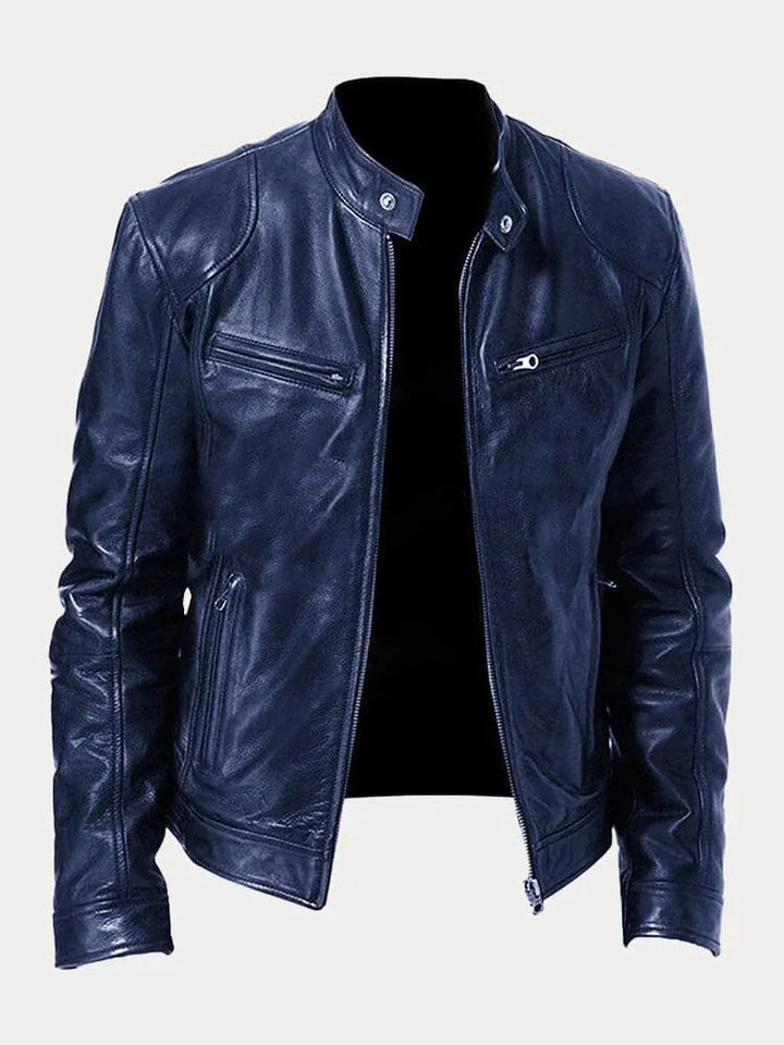 Men's leather jacket with stand collar and multiple zip pockets