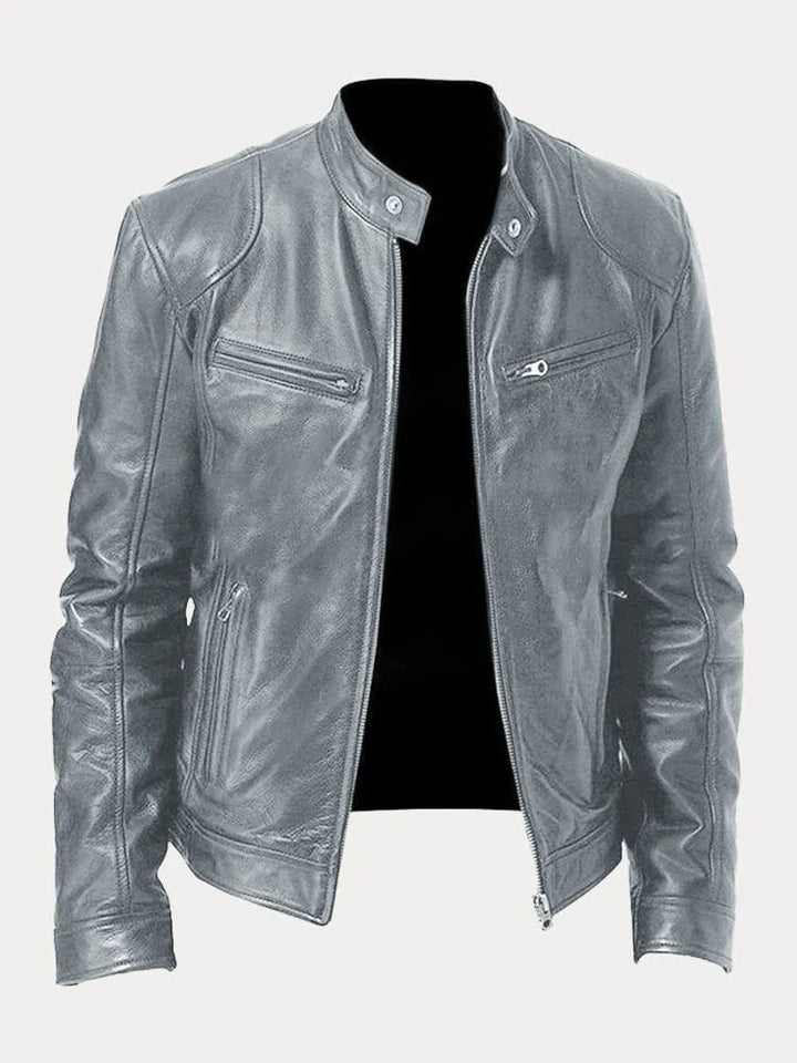 Men's leather jacket with stand collar and multiple zip pockets