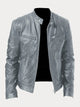 Men's leather jacket with stand collar and multiple zip pockets