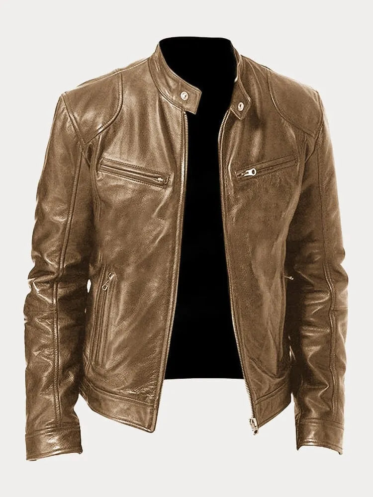 Men's leather jacket with stand collar and multiple zip pockets