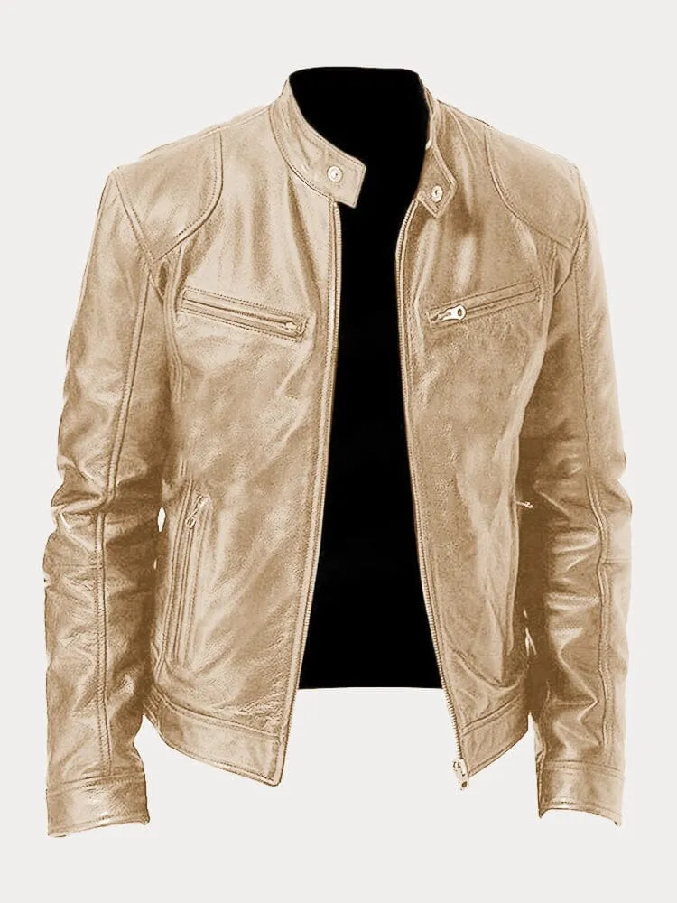 Men's leather jacket with stand collar and multiple zip pockets