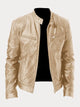 Men's leather jacket with stand collar and multiple zip pockets