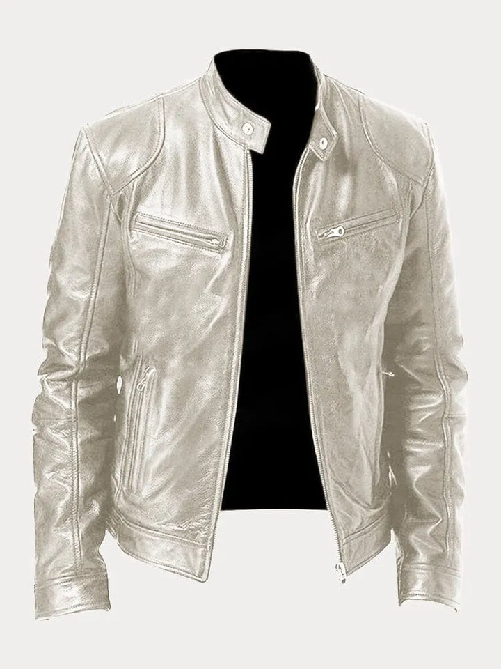 Men's leather jacket with stand collar and multiple zip pockets