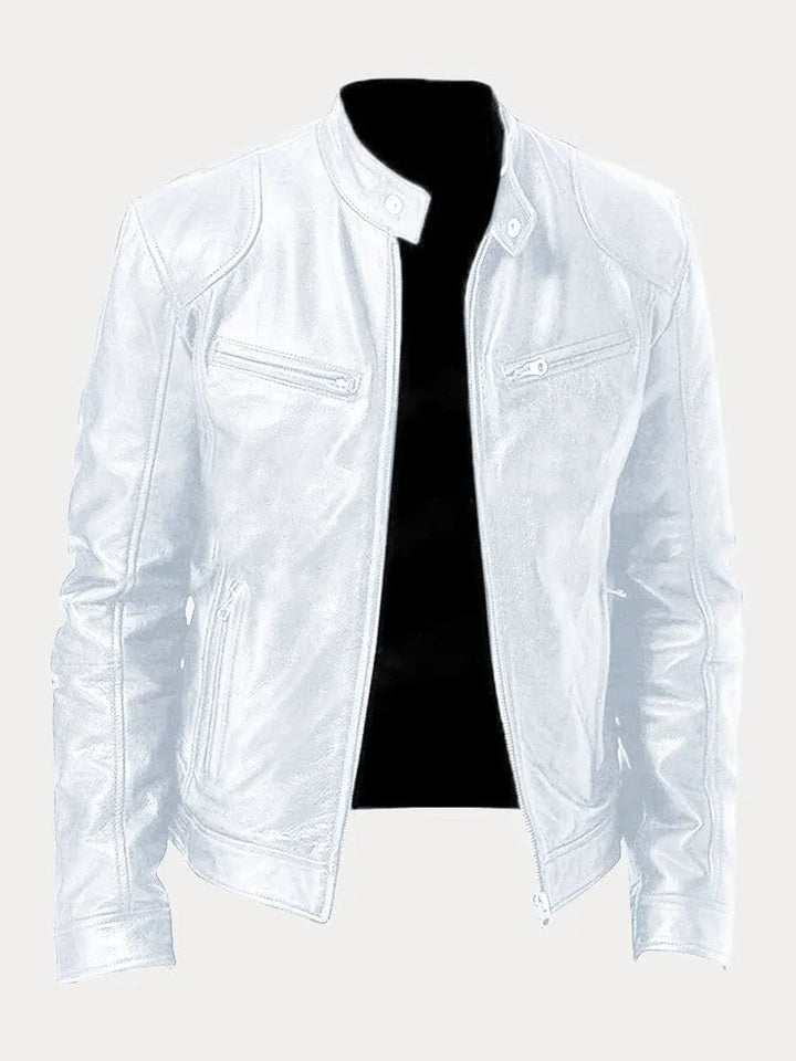 Men's leather jacket with stand collar and multiple zip pockets