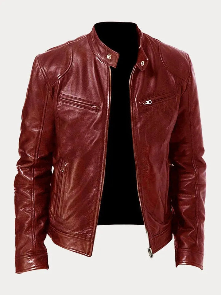 Men's leather jacket with stand collar and multiple zip pockets