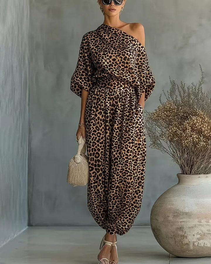 Women's leopard-print two-piece set with harem trousers