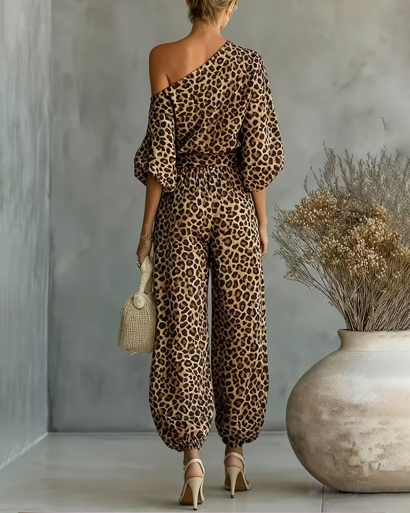 Women's leopard-print two-piece set with harem trousers