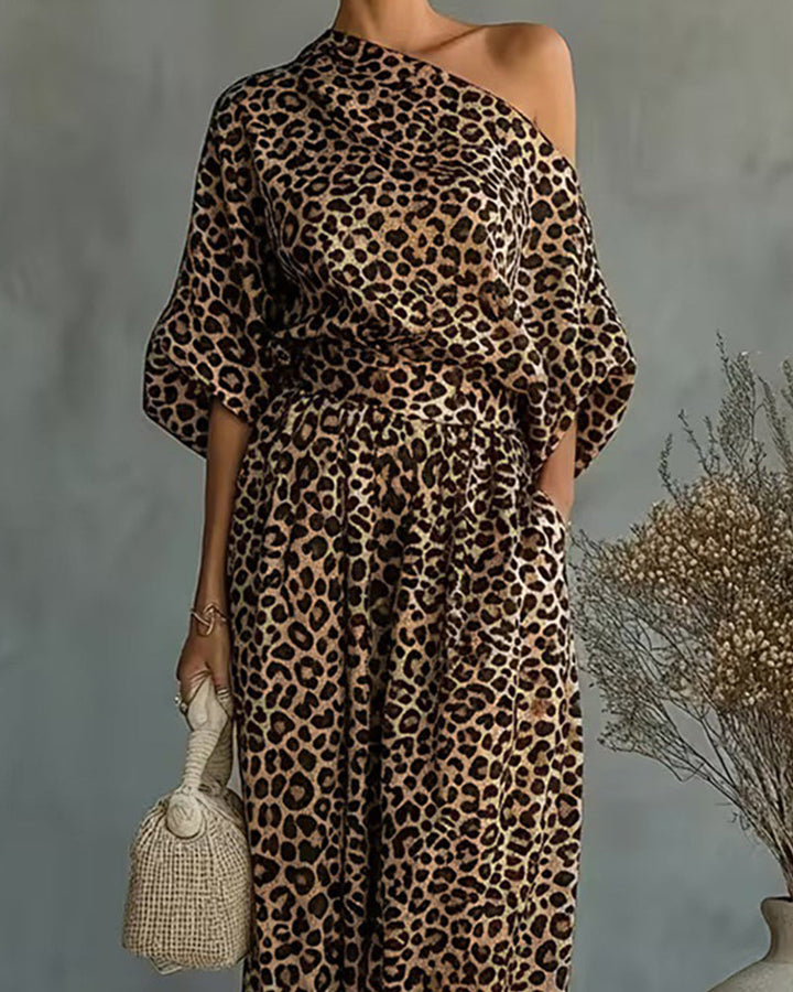 Women's leopard-print two-piece set with harem trousers