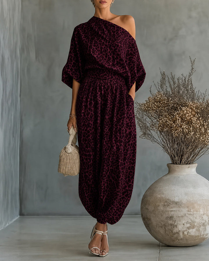 Women's leopard-print two-piece set with harem trousers
