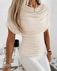 Women's burgundy ruched cowl neck short sleeve top