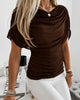 Women's burgundy ruched cowl neck short sleeve top
