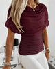 Women's burgundy ruched cowl neck short sleeve top