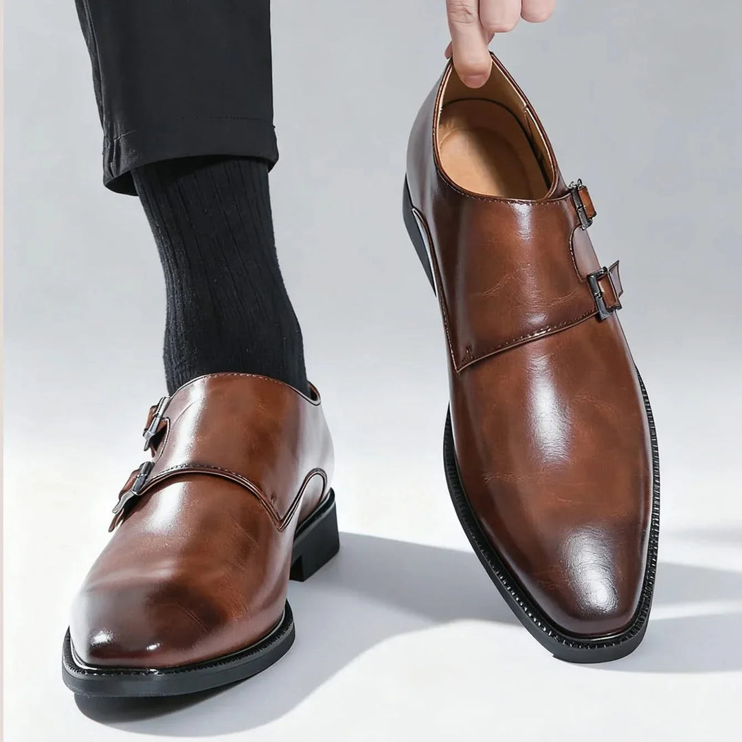 Men's double monk strap loafers with buckles and almond toes