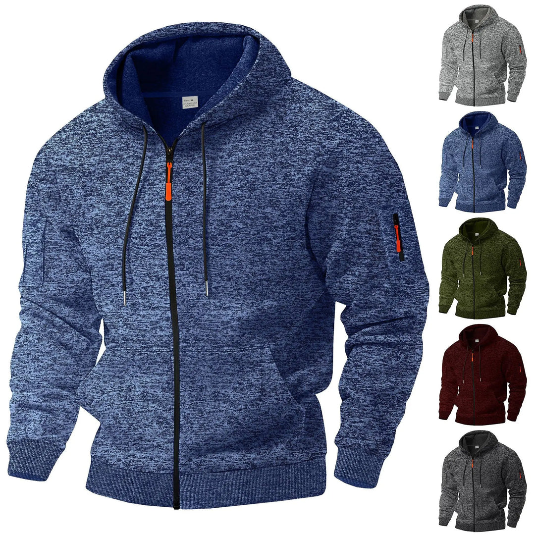 Men's textured fleece hooded jacket with full zip, front pockets and sleeve zip pocket