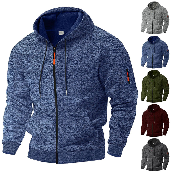 Men's textured fleece hooded jacket with full zip, front pockets and sleeve zip pocket