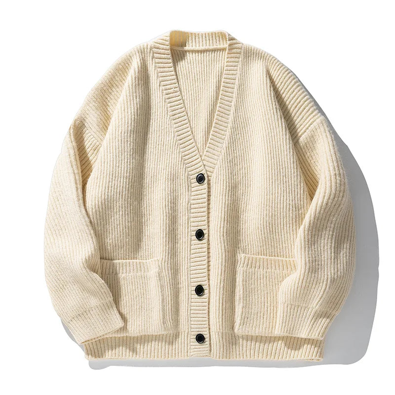 Women's oversized ribbed knit cardigan with V-neck, buttons and front pockets