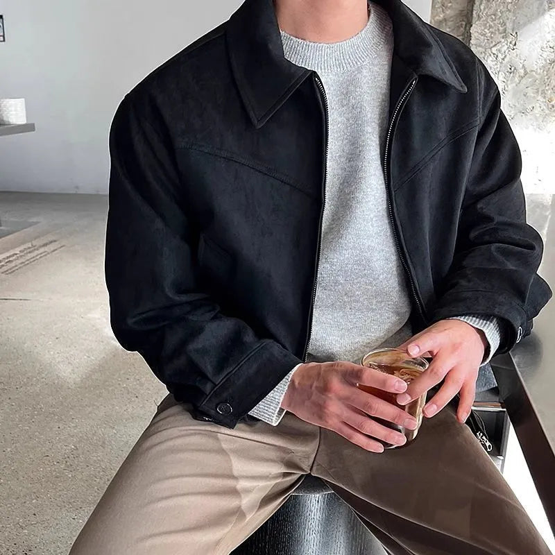 Men's collared zip jacket shown in black and brown with long sleeves and front pockets