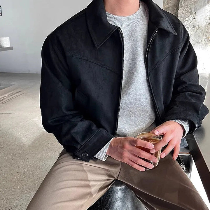 Men's collared zip jacket shown in black and brown with long sleeves and front pockets