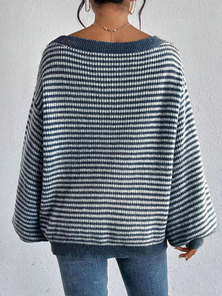 Women's striped knit sweater with boat neckline and long sleeves