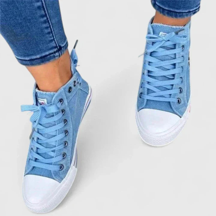 Freya | Women's Denim High Top Lace-Up Sneakers with Side Zip