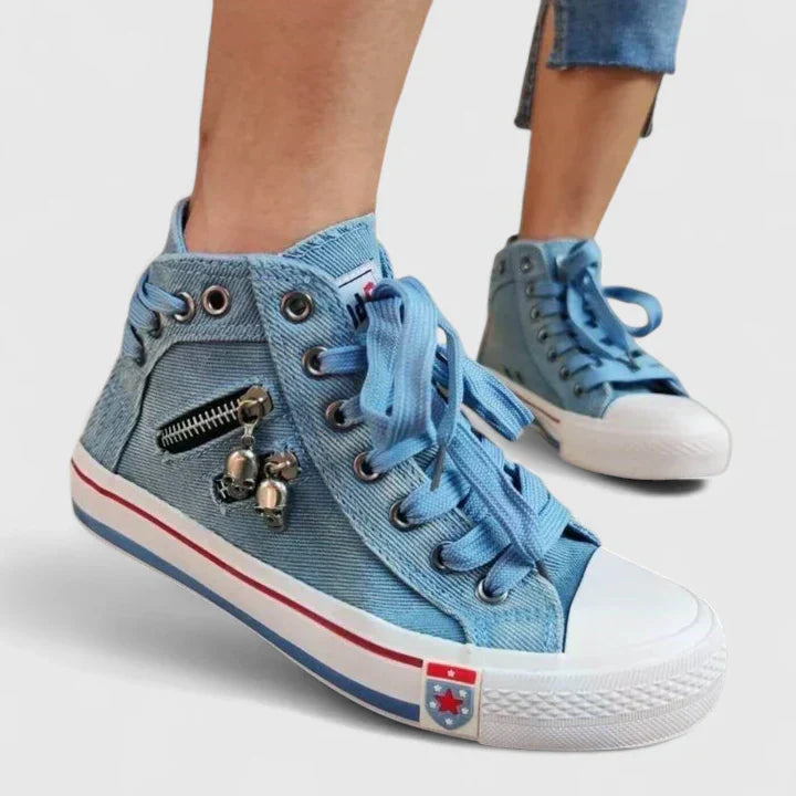 Freya | Women's Denim High Top Lace-Up Sneakers with Side Zip