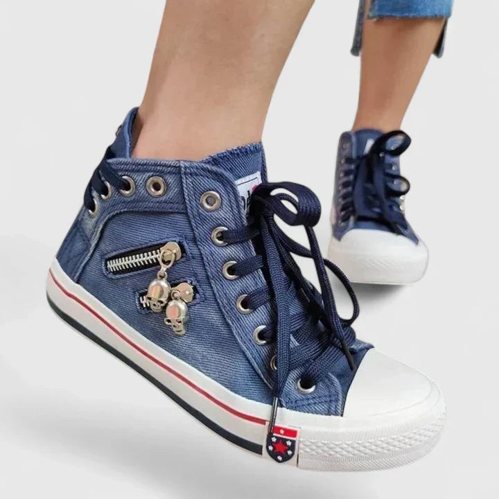 Freya | Women's Denim High Top Lace-Up Sneakers with Side Zip