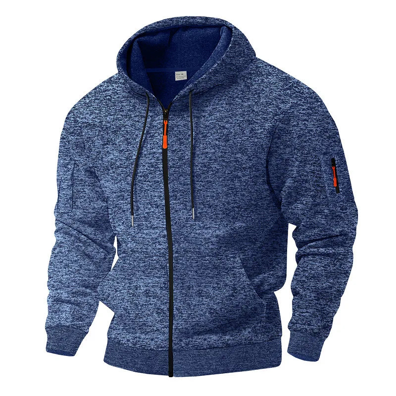 Men's textured fleece hooded jacket with full zip, front pockets and sleeve zip pocket