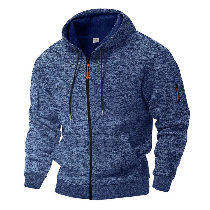Men's textured fleece hooded jacket with full zip, front pockets and sleeve zip pocket