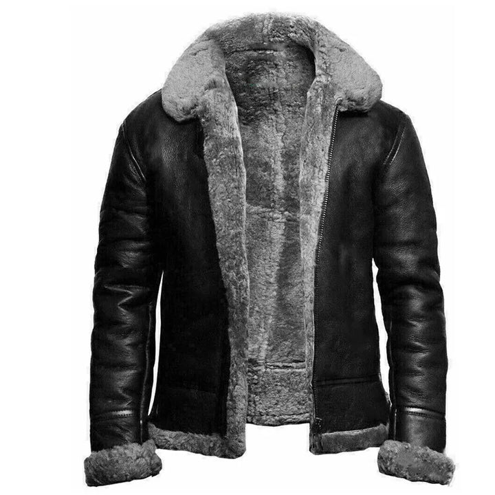 Hooded leather coat with textured lining and zip front