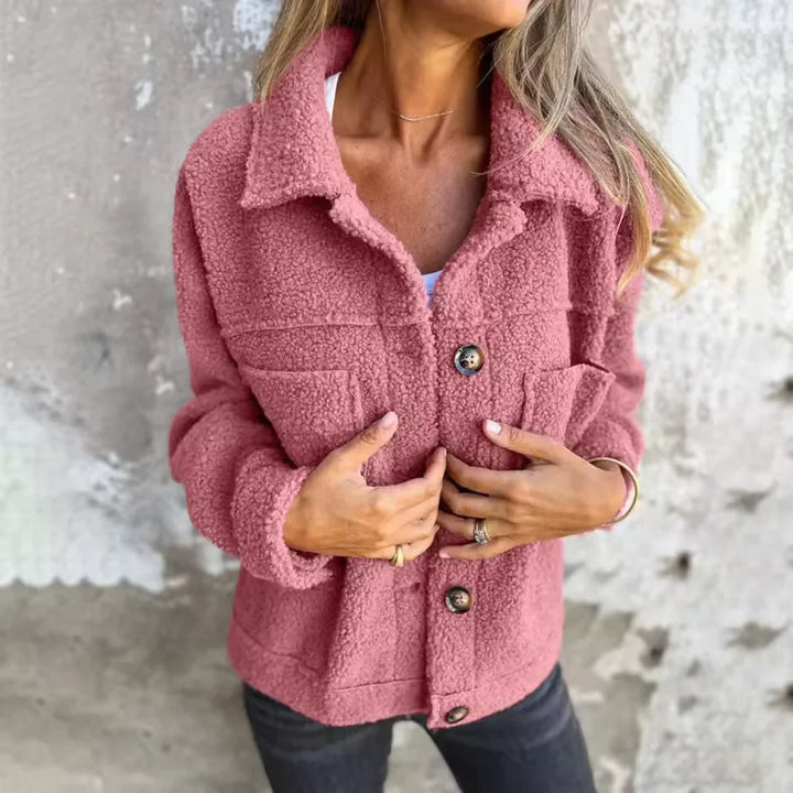 Women's textured fleece shacket with collar and button front