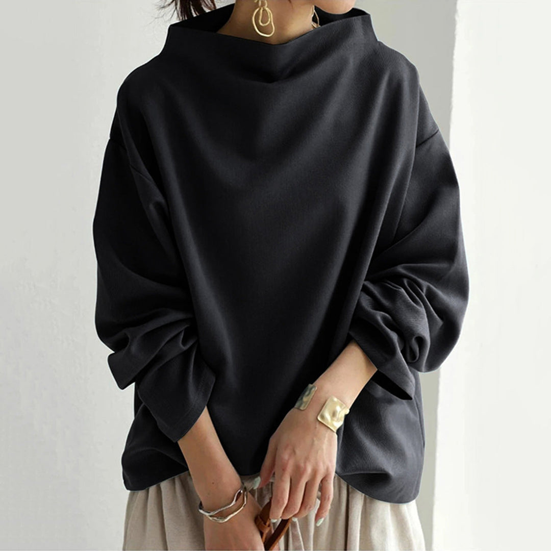 Black high-neck pullover sweater with long sleeves