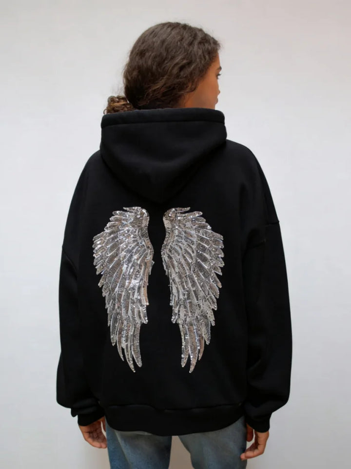 Women's hooded sweatshirt with sequin wing detailing on the back