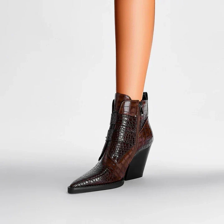 Women's pointed toe ankle boots with two buckle straps and block heel
