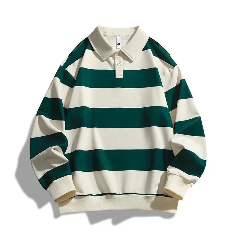 Unisex striped polo jumper with long sleeves, button placket and ribbed trims