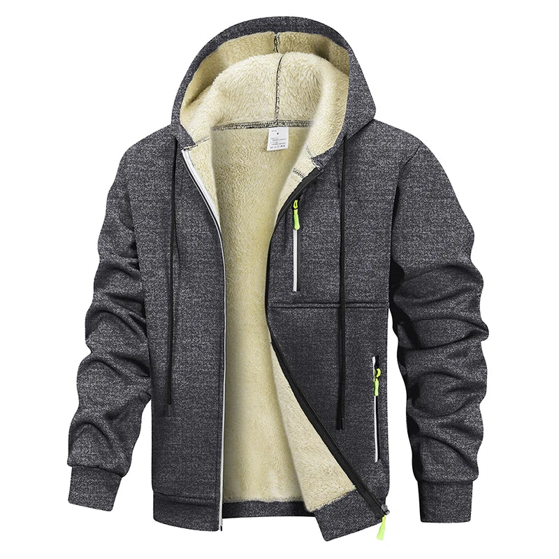 Men's hooded zip jacket with fleece-style lining and zipped pockets