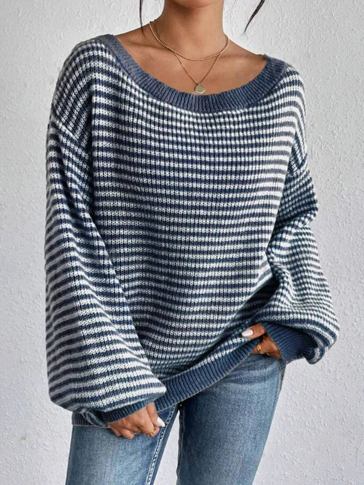 Women's striped knit sweater with boat neckline and long sleeves