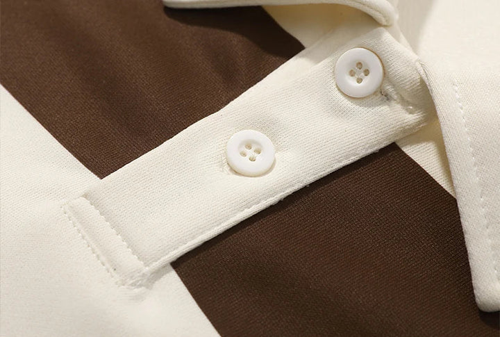 Unisex striped polo jumper with long sleeves, button placket and ribbed trims